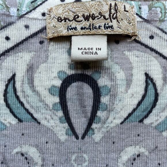 One World Teal Embellished Print Round Neck & Hem line 3/4 Sleeve Pullover Top L - Picture 4 of 6